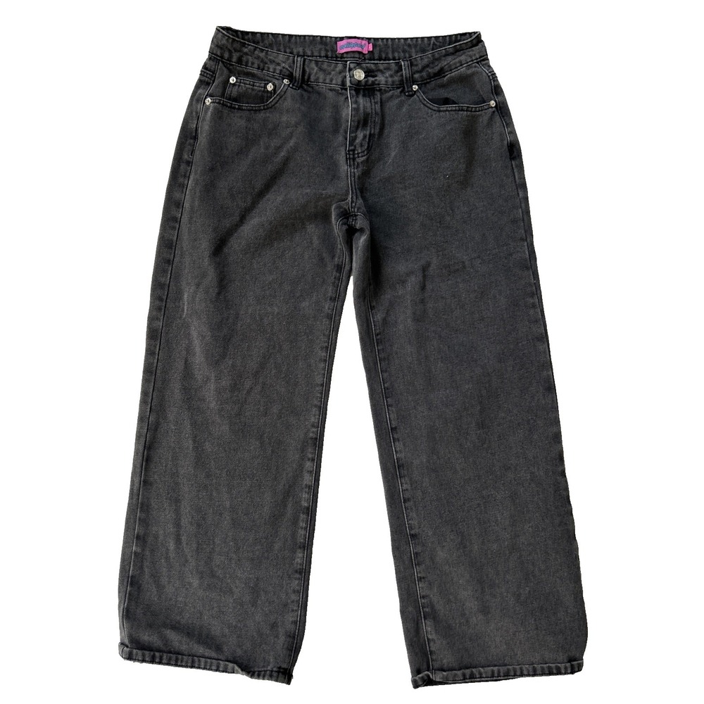 Edikted Jeans Women's Large High Rise Baggy Wide Leg Denim Charcoal Gray